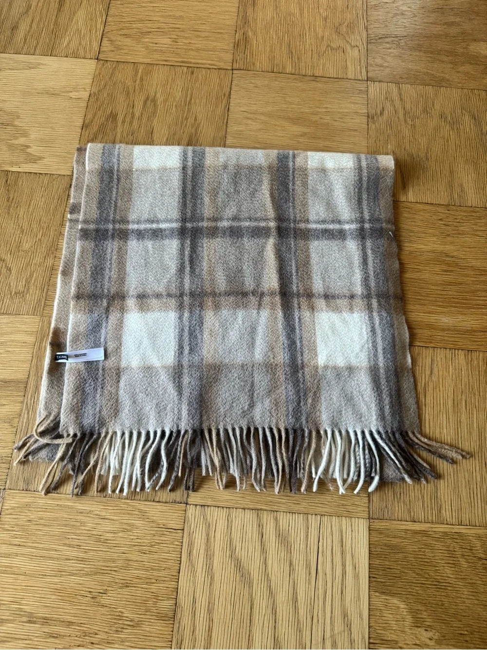 Talbots Cashmere Scarf Wide Fringe Wrap Plaid Cream Brown Tan Neutral